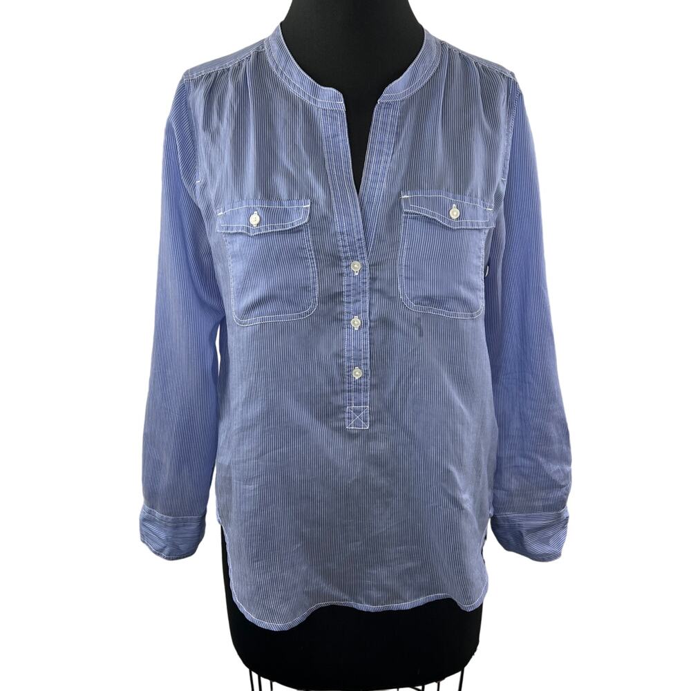 J. Crew Blue & White Stripe Long Sleeve Partial Button Down Popover Top Size XS